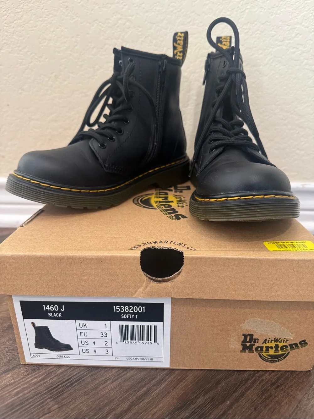 Dr. Martens Kids Black Lace-Up Boots with Yellow Stitching